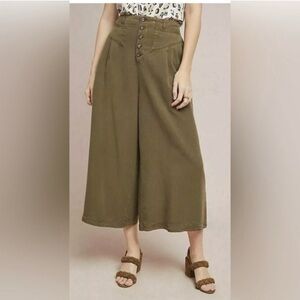 Anthropologie Linen Wide Leg Cropped Pants XL Olive High Rise